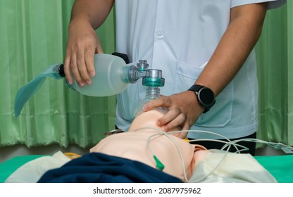 Endotracheal Intubation Of A Reanimation Training Doll. Mannequin Dummy During Medical Training To Control Of The Airway.coronavirus Infection Concept.