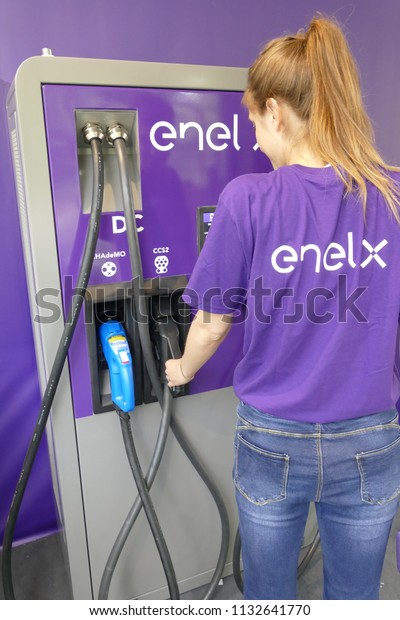 Enel X public multi charging\
station with different sockets and powers Turin Italy June 6\
2018