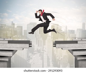 Energetic Business Man Jumping Over A Bridge With Gap Concept