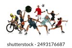 Energetic collage. Athletes in various activities. Each sportsmen shown in motion against white studio background. Concept of team and individual kinds of sport, start and finish. Ad