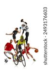 Energetic collage. Sportsmen in various activities. Each person dynamically captured mid-action against white studio background. Concept of team and individual kinds of sport, start and finish. Ad