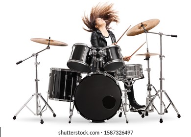 Energetic female drummer throwing her hair and playing drums isolated on white background