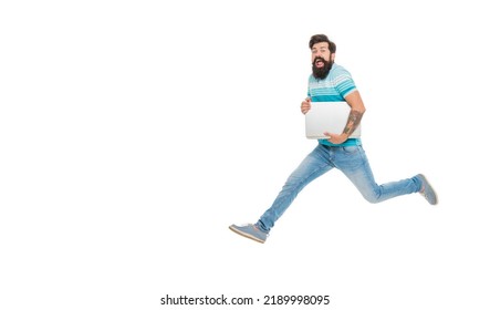 Energetic freelance worker in midair. Happy freelancer holding laptop. Freelance work online - Shutterstock ID 2189998095