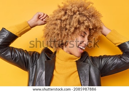 Similar – Image, Stock Photo A blonde with curly hair communicates via video link on a laptop sitting in front of a window