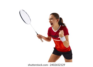 Energetic portrait of young girl, professional badminton player rejoices because she winning match against white studio background. Concept of sport, active lifestyle, strength and power. Copy space. - Powered by Shutterstock