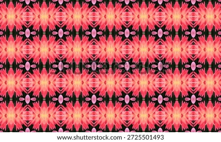 An energetic, repeating pattern of fiery red and pink floral elements exploding outwards with a symmetrical design.