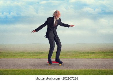 Energetic Senior Man Enjoying Riding A Skateboard 