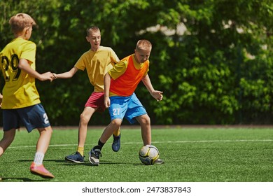 Energetic Team Play. Young athletes in uniform training, playing with focus and determination on outdoor field on sunny day. Concept of sport, school, childhood, hobby, active lifestyle - Powered by Shutterstock