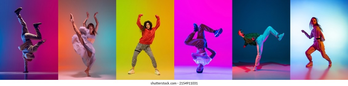Energy. Bright collage with men dancing breakdance and hip-hop, contemp dancers isolated on multicolor background in neon. Youth culture, hip-hop, movement, style and fashion, action.