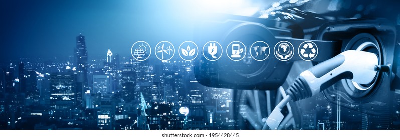 Energy Car Concept. Vehicle EV Charge Battery Electric On Station Blur Cityscape On Panoramic Banner Blue Background With Icon Illustration Environment Earth Friendly. Idea Green Eco Energy Technology