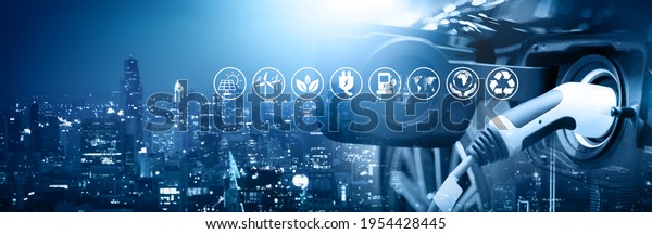 Energy car concept. Vehicle EV charge battery\
electric on station blur cityscape on panoramic banner blue\
background with icon illustration environment earth friendly. Idea\
green eco energy\
technology
