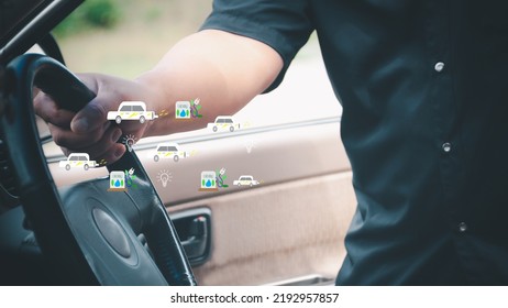 Energy Conservation Concept. People Holding Hands On Steering Wheel Cars Electric Train Icons. Energy Saving Cooperation Alternative Energy Use Electric Cars Emissions Environmental Protection