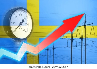 Energy crisis. Graph on the background of the flag of Sweden. Global energy crisis concept. Increased electricity consumption. The arrow on the graph is moving up. Power line. Increase in cost - Powered by Shutterstock