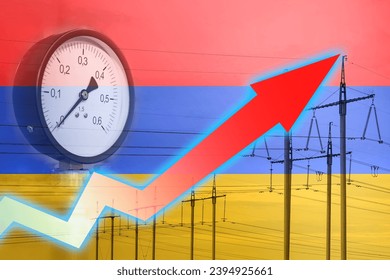 Energy crisis. Graph on the background of the flag of Armenia. Global energy crisis concept. Increased electricity consumption. The arrow on the graph is moving up. Power line. Increase in cost - Powered by Shutterstock