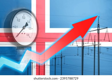 Energy crisis. Graph on the background of the flag of Iceland. Global energy crisis concept. Increased electricity consumption. The arrow on the graph is moving up. Power line. Increase in cost - Powered by Shutterstock