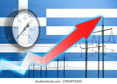 Energy crisis. Graph on the background of the flag of Greece. Global energy crisis concept. Increased electricity consumption. The arrow on the graph is moving up. Power line. Increase in cost - Powered by Shutterstock