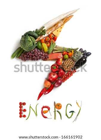 Energy diet / healthy food symbol represented by foods in the shape of flash to show the health concept of eating well with fruits and vegetables 