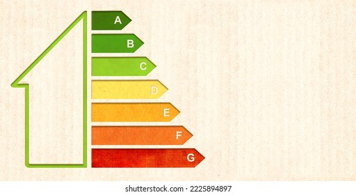 Energy efficiency chart on cardboard texture. Horizontal banner with eco paper texture and energy efficiency house symbol. Energy class, bio energetic and ecology concept. Copy space for text - Powered by Shutterstock