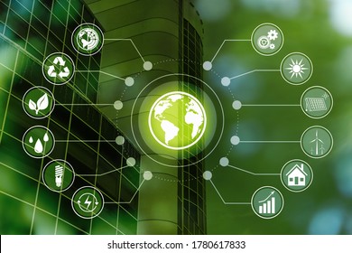 Energy Efficiency Concept. Scheme With Icons And Building On Background, Toned In Green