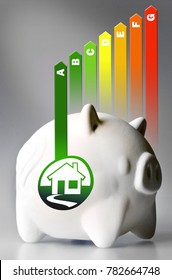 Energy Efficiency Label For House / Heating And Money Savings - Piggy Bank On The Grey Background