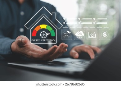 Energy efficiency level meter, Energy efficient rating class concept, Low-consumption ecological house for sustainable development concept.