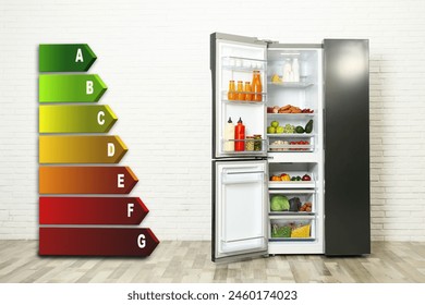 Energy efficiency rating label and open refrigerator indoors - Powered by Shutterstock