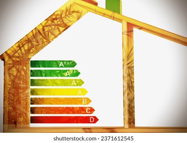 Energy efficient house concept with classification graph sign, home energy efficiency rating isolated, wooden smart eco house certification system, good ecological and bio energetic rating .