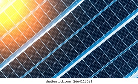 Energy efficient rooftop with multiple solar panels installed on a contemporary mall