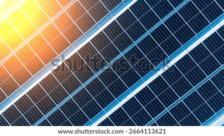 Energy efficient rooftop with multiple solar panels installed on a contemporary mall