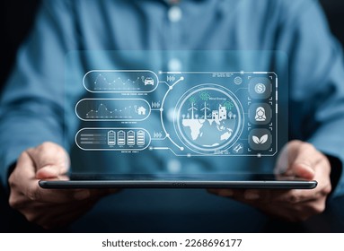 Energy engineer using tablet virtual map future, prototype design on holographic projection, Futuristic design with technology application basic, Green energy