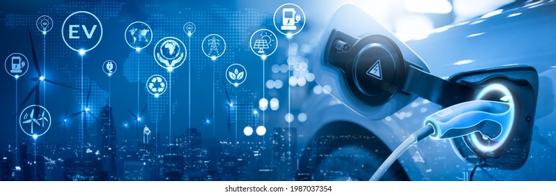 Energy EV car concept. Futuristic hybrid vehicle charge battery electric on station blur cityscape on panoramic banner blue background with icon illustration environment friendly. green eco technology