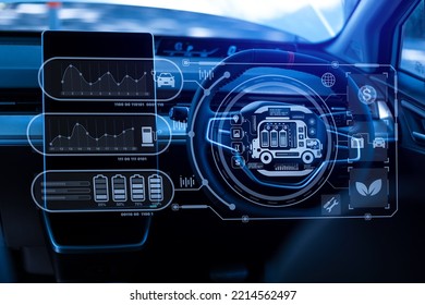 Energy EV Car Concept. Futuristic Hybrid Vehicle Charge Battery Electric.  Modern Car Interior Details.

