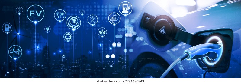 Energy EV car concept. Futuristic hybrid vehicle charge battery electric on station blur cityscape on panoramic banner blue background with icon illustration environment friendly. green eco technology - Shutterstock ID 2281630849