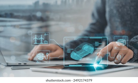 Energy EV car concept. Futuristic hybrid vehicle charge battery electric on station with icon illustration environment friendly. green eco-technology - Powered by Shutterstock