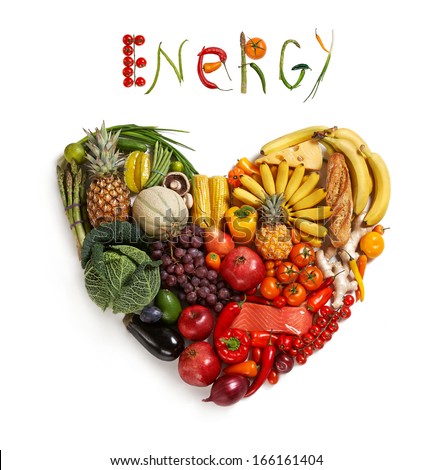 Energy food choice / studio photography of heart made from different fruits and vegetables - isolated on white background 
