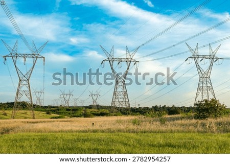 An energy infrastructure network featuring massive steel towers for high voltage lines is seen in a rural area of Brazil surrounded by trees and grass.