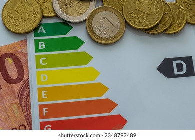 Energy label D with euro coins. A sign of poorly insulated or non-energy efficient device - Powered by Shutterstock