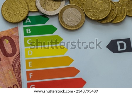 Energy label D with euro coins. A sign of poorly insulated or non-energy efficient device