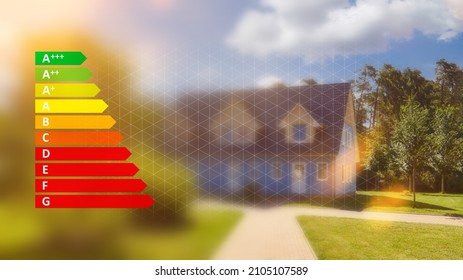 Energy Label Graphic In Front Of Your Own Home Or Family House As An Efficiency Concept