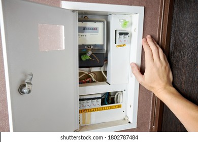 energy meter and electricity switch box indoors. repair and adjust domestic power wires and equipment. electrician repair service concept.