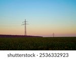 energy network, grid, pylon, overhead line, morning, dusk, silhouette, sustainable energy