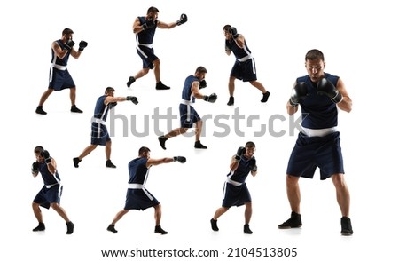 Energy, power. Set of images of strong, muscled man, boxer wearing sportwear boxing isolated on studio background. Copyspace, ad. Training, practicing, attack development. Web banner, poster