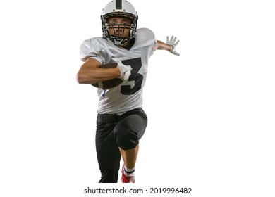 Energy, Power, Strength. Close-up Portrait Of American Football Player In Sports Equipment, Helmet And Gloves Isolated On White Studio Background. Concept Of Sport, Movement, Achievements. Copy Space