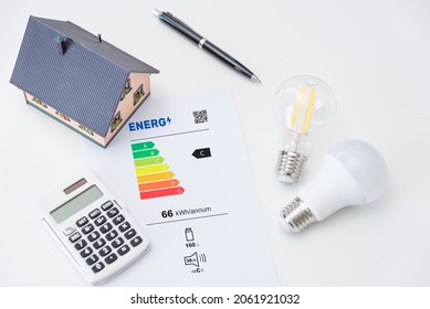 Energy Rating Chart With Light Bulbs. Energy Efficiency Concept. New EU Energy Label, 2021 Classification