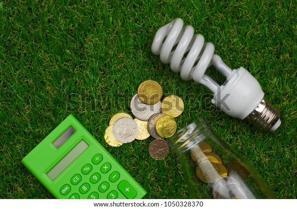 Energy saving\
bulb on grass. Energy saving\
concept