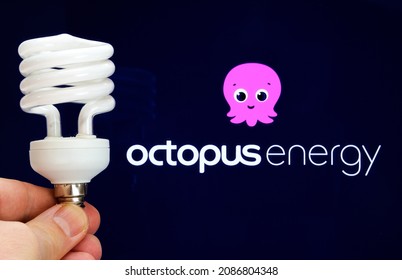 Energy Saving Bulb Seen Hold In A Hand And Blurred OCTOPUS ENERGY Supplier Logo On A Screen. Stafford, United Kingdom, December 5, 2021.