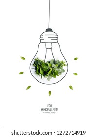 Energy saving eco lamp, made with green sprout and leaves,isolated on white background. LED lamp with green leaf. Minimal nature concept.Think Green.Ecology Concept. Environmentally friendly planet.
