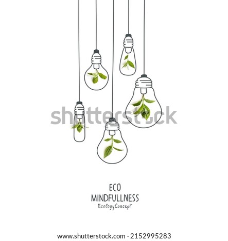 Energy saving eco lamps, made with green leaves with sketches. LED lamp with green leaf. Minimal nature concept. Think Green.Ecology Concept. Environmentally friendly planet.