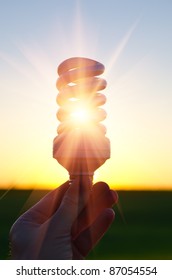 Energy Saving Lamp In Sunbeam Over Sunset