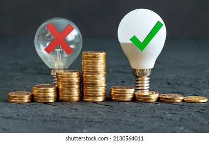 Energy saving. Energy saving light bulb and old bulb. Money coins on a dark background. Energy saving. Stack of coins.Environmental protection. - Powered by Shutterstock